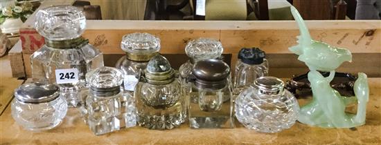 Collection of inkwells and a hardstone figure group